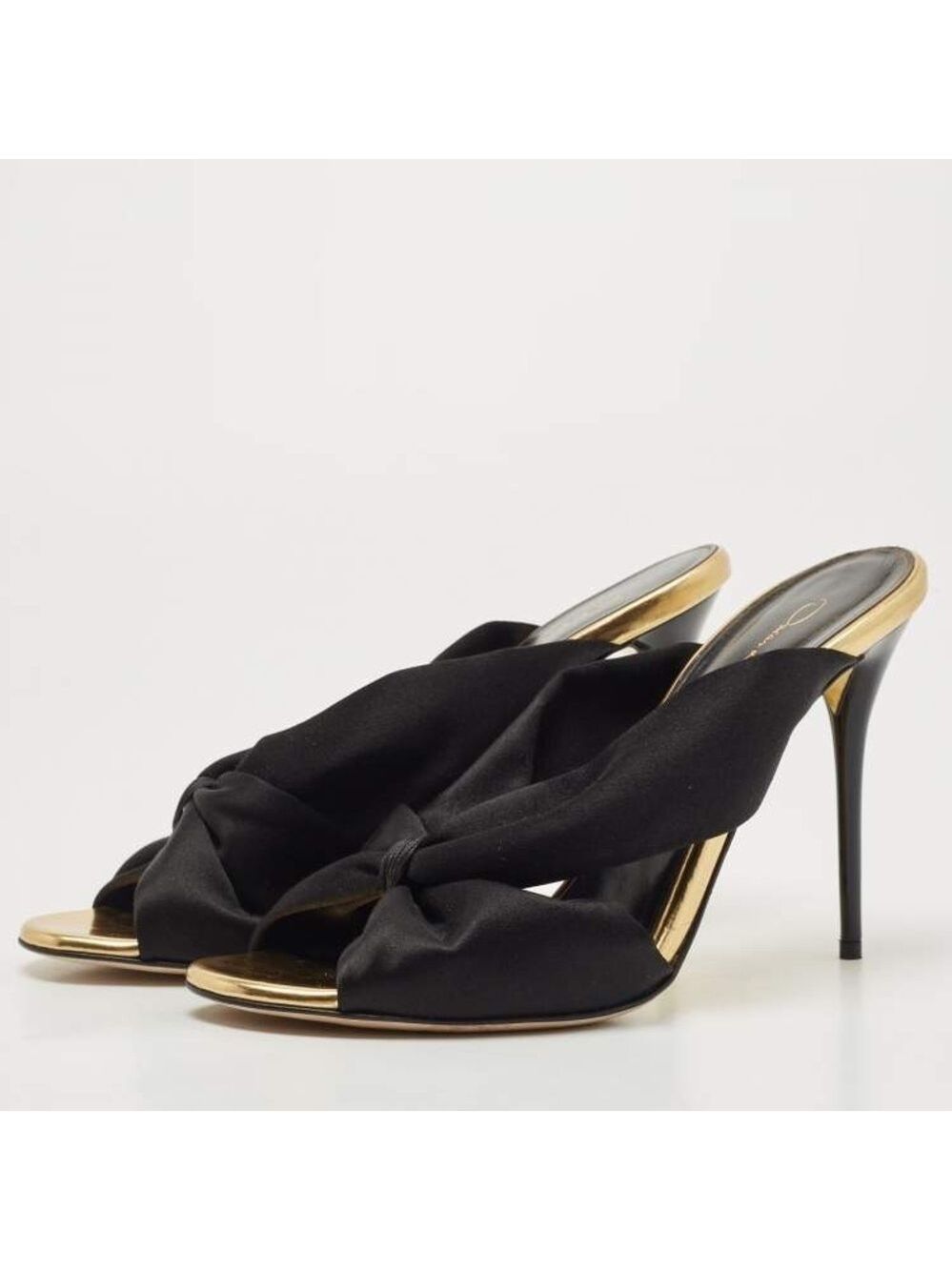 Oscar de la Renta Black Gold Satin Glenn mule Slide Sandals Sz 40 NWOB